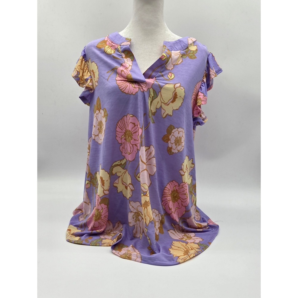 Dear Scarlett Women's Large Purple Floral Ruffle Sleeve Blouse NWT 101-480